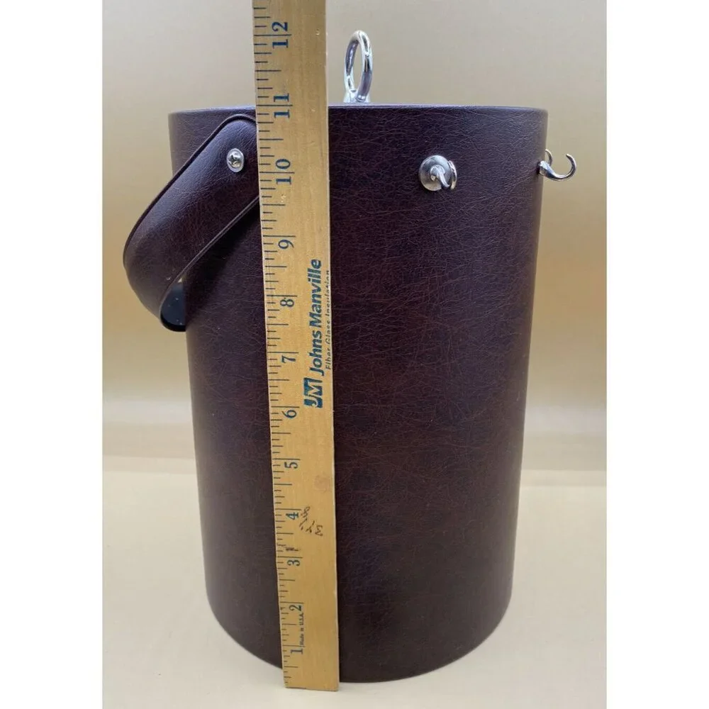 Vintage MCM Ice Bucket Brown Leather Vinyl With Handle And Bar Tools Mid Century
